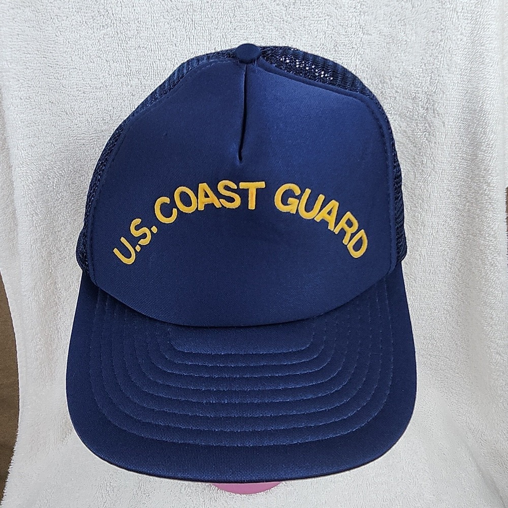 Vintage US Coast Guard Hat Cap Navy Snapback Mesh SpellOut Logo Script Mens 90s